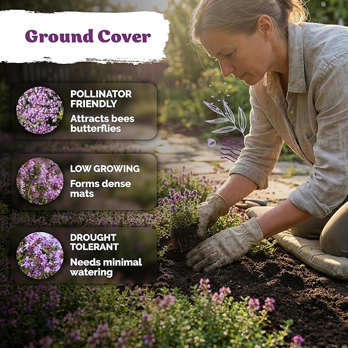KVITER 20,000 Creeping Thyme Seeds (Thymus Serpyllum) – Wild Thyme, Aromatic Ground Cover, Purple Perennial Flower Seed Packets – Great Non GMO Herb Seeds for Outdoor Garden, Landscapes & Paths