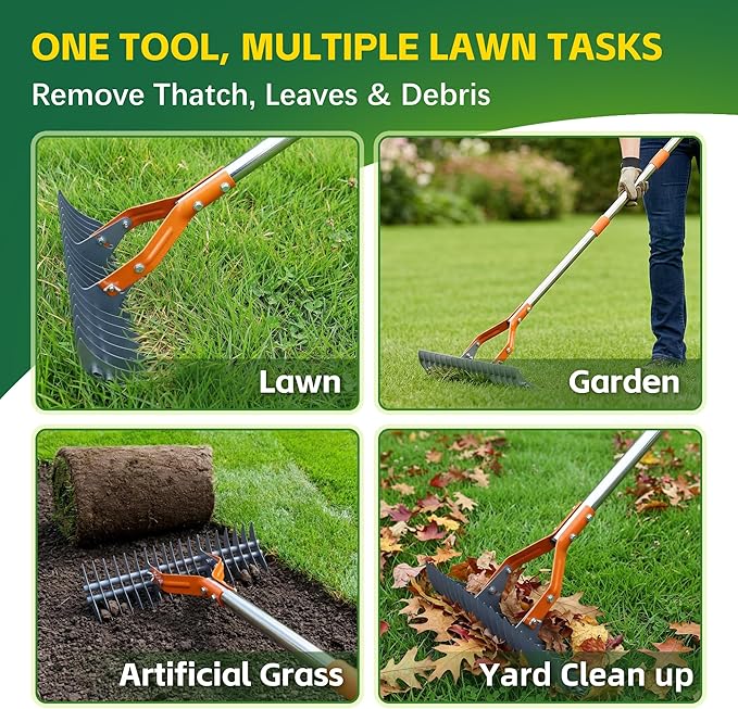 Thatch Rake – 74-Inch Heavy Duty Metal Rake with Hardened Steel Tines for Efficient Lawn Thatch and Dead Grass Removal, Detachable Handle Manual Dethatcher Rake for Yard and Landscape Maintenance