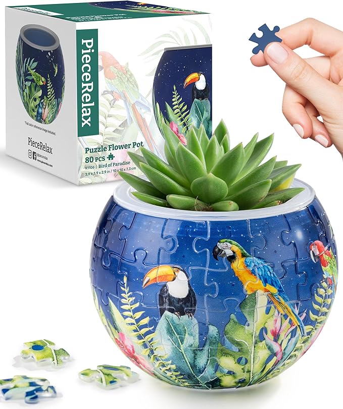 PieceRelax 3D Puzzle Planter 80 Pieces - Flower Pot - Bird of Paradise, for Mom, Home Decor Flower Pots for Indoor Cactus, Succulents Pots [K1106]