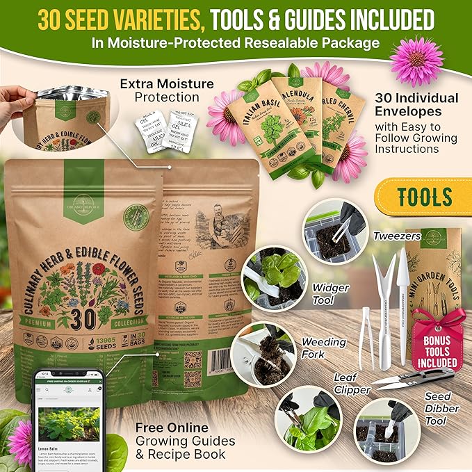 Organo Republic 30 Culinary Herbs & Edible Flower Seed Variety Pack- Indoor/Outdoor. 14000+ Non-GMO Heirloom Flower Seeds: Basil, Borage, Echinacea, Lavender, Oregano, Rosemary Seeds & More