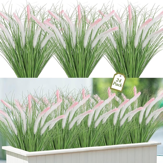 24PCS Artificial White Pink Tip Dog Tail Grass Onion Grass UV Resistant Outdoors Faux Shrubs Ornamental Wheat Grass Cattails Faux Bushes Home Decor for Outdoor Garden