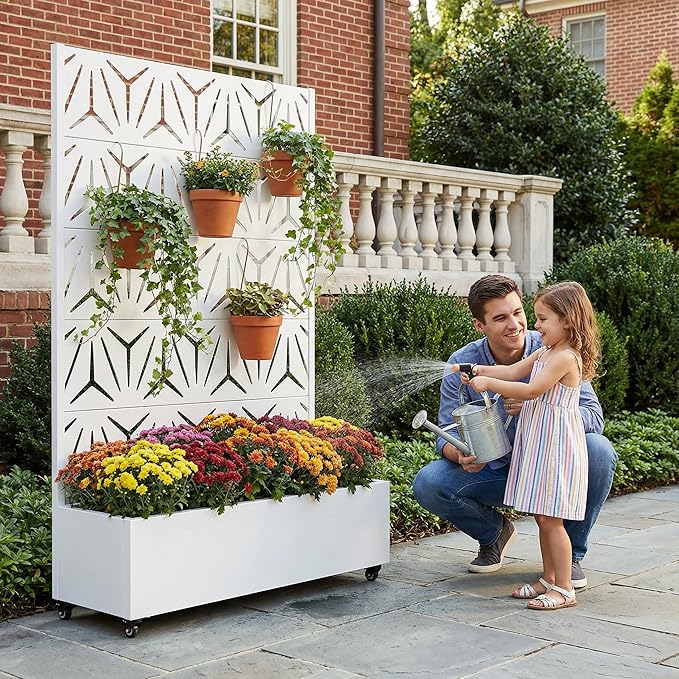 Casaphoria Metal Raised Garden Bed with Trellis and Wheels, 72"x47"x16" Arched Planter Box for Climbing Plants, Vegetables & Vines, Features Drainage Holes and Privacy Screen, White-Star