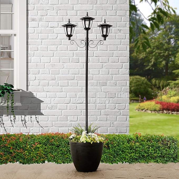Glitzhome 74” H Outdoor Solar Lamp Post Light Oversized with Planter Pot - 3 Head Solar Lamp Post with Planter for Lawn, Pathway, Driveway, Front/Back Door - Warm White