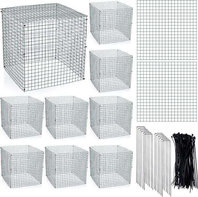 Zubebe 10 Pack Small Wire Plant Protectors Square Plant Protectors from Animals Mesh Cage Chicken Wire Cloche for Shrubs with Ground Stakes and Nylon Ties(Thickness 1mm,Dark Green)