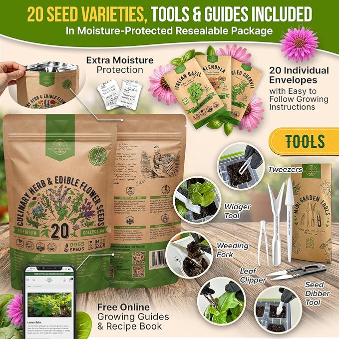 20 Culinary Herbs & Edible Flower Seed Variety Pack for Planting Indoor & Outdoors. 9500+ Non-GMO Heirloom Flower Seeds: Basil, Borage, Echinacea, Lavender, Oregano, Rosemary Seeds & More