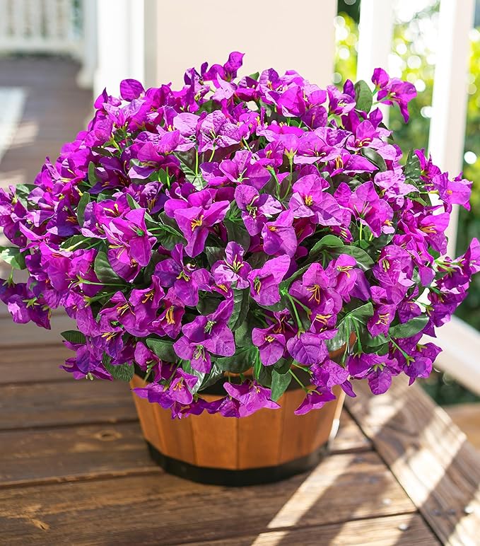 Fake Bougainvillea Artificial Flowers for Outdoors Spring Summer Decor, 4PCS Bougainvillea Outdoor Faux Plants Realistic Silk Flowers for Outside UV Resistant for Planter Patio Window Garden, Purple