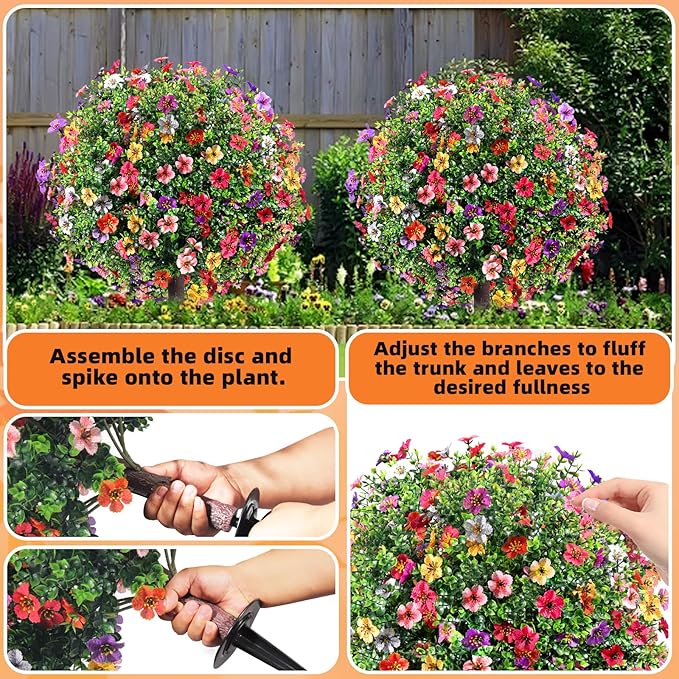 27.5" Artificial Flowers Boxwood Topiary Ball Tree Set of 2, UV Resistant Fake Bushes Shrubs with Ground Spike, Faux Evergreen Tree for Front Porch Outdoor Garden Decor