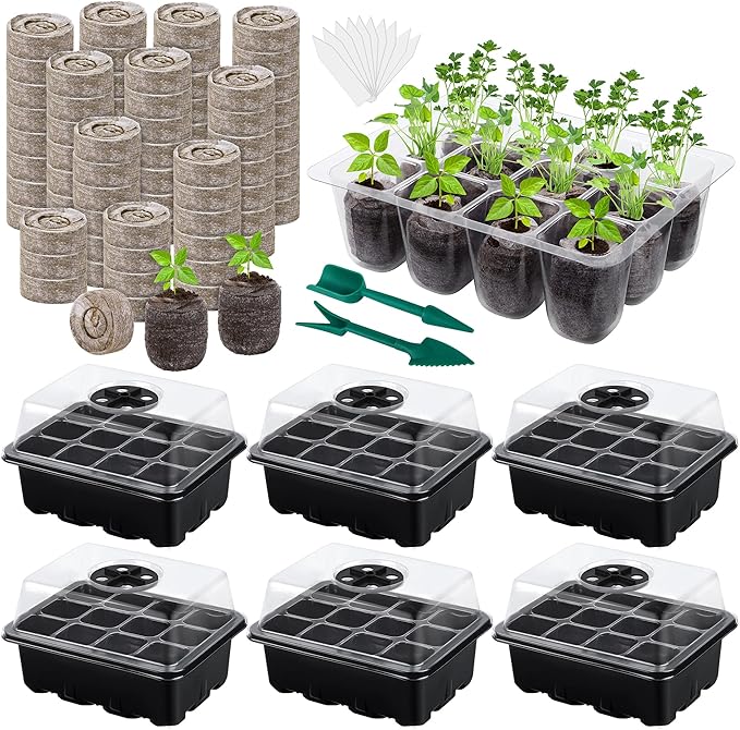 Hahood 6 Pack 12-Cells Seed Starter Tray Kit with Humidity Dome and Base, Germination Tray Including Peat Pellets, Plant Labels, Tool, Plastic Plant Seedling Starter Trays for Indoor Outdoor, Black