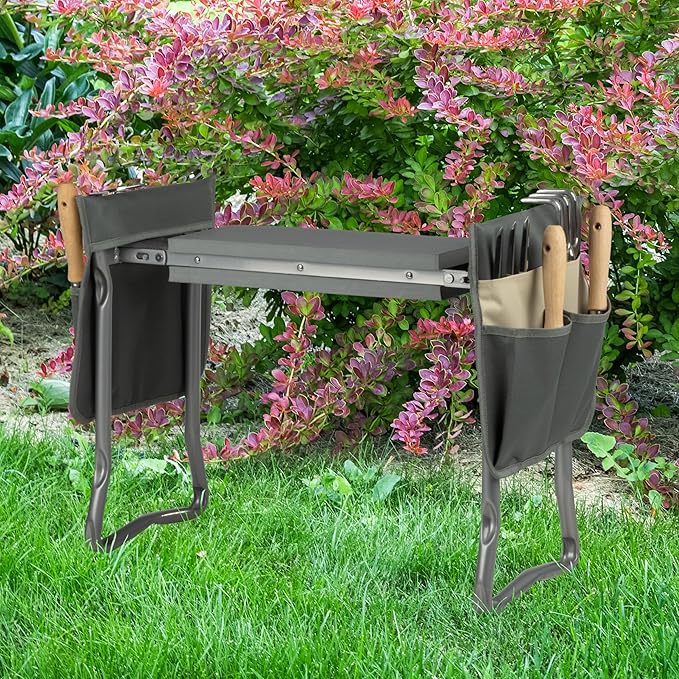 Pure Garden Garden Kneeler and Seat - Kneeling Pad Garden Stool with Tool Pouches - Gardening Gifts for Mom, Dad, Seniors, or Grandparents (Gray)