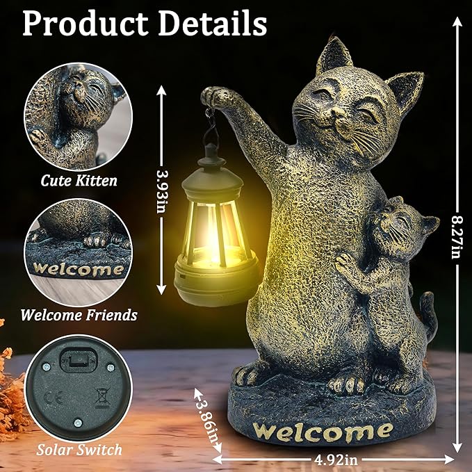 Cat Garden Statue Outdoor Decor - Solar Cat Garden Statue,Cats Figurine Ornaments,Waterproof Outdoor Sculptures for Yard Lawn Backyard Patio Balcony Home Decorations,Unique Cats Gifts for Women