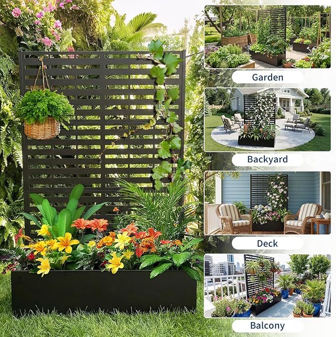 Metal Raised Garden Bed with Trellis & Privacy Screen, 70.1"x45"x15" Galvanized Metal Planter Box with Drainage Holes for Patio Balcony Outdoor Climbing Plants Flowers Vegetable, Black