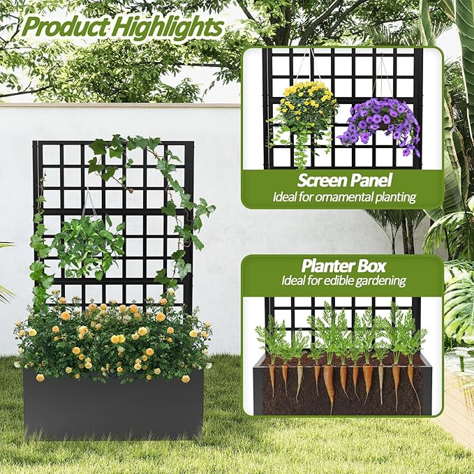 Metal Planter Box with Trellis - 63"(H)*31.5(L)*15.8"(W) Plastic-Coated Rustproof Trellis Planter, Raised Garden Bed with Trellis, Privacy Screen with Planter Box for Garden, Balcony, Patio