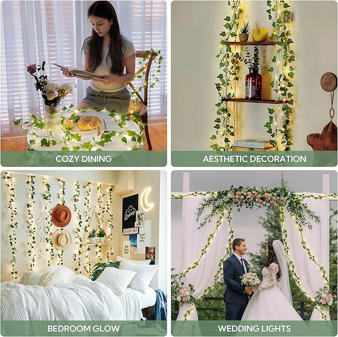 HEYFUNi Fake Ivy Vines with Lights, 23 Ft 73 Led Artificial Greenery Garland with Fairy Lights USB/Battery Operated, Leaf String Lights for Bedroom Aesthetic, Wall, Balcony, Wedding Decor, Warm White