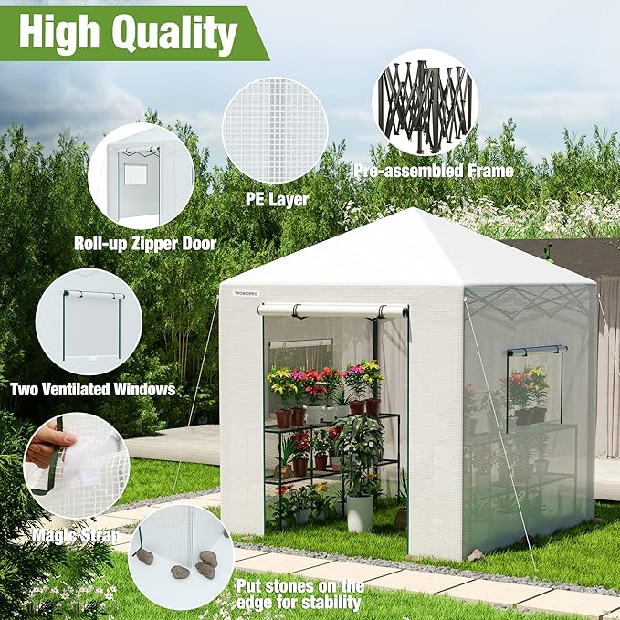 WORKPRO 8'x 6' Portable Walk-in Greenhouse, Instant Pop-up Heavy Duty Gardening Green House Canopy with Robust PE Cover, Indoor Outdoor Plant House Shed with Roll-up Entry Doors and 2 Screen Windows