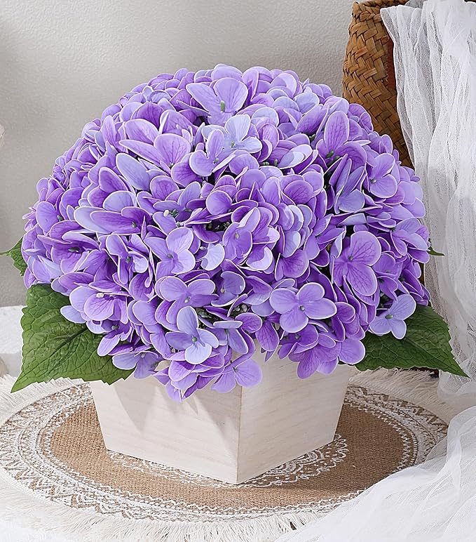 Artificial Hydrangea Flowers Arrangement in Wood Planter, 4PCS Fake Purple Flowers in Wooden Vase Potted Floral Centerpieces for Tables Living Room Home Office Room Shelf Kitchen Decor