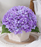 Artificial Hydrangea Flowers Arrangement in Wood Planter, 4PCS Fake Purple Flowers in Wooden Vase Potted Floral Centerpieces for Tables Living Room Home Office Room Shelf Kitchen Decor