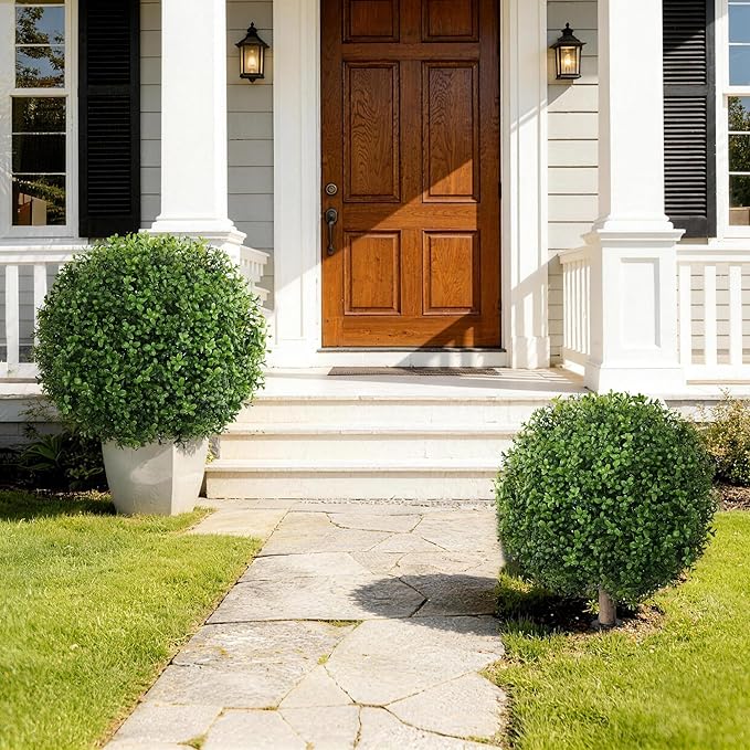 Artificial Eucalyptus Topiary Ball Trees for Outdoor Set of 2 Fake Plant Bushes with Ground Spike UV Resistant Faux Shrubs for Garden Front Porch, Pink