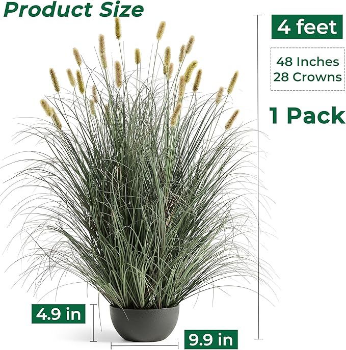 FloraFairy 4ft Onion Grass, Artificial Plant and Greenery, Fake Floor Plants Indoor Outdoor, Potted Faux Green Bristlegrass with Spikes, Large Size Horsetail Reed Grass, House Decorative