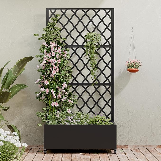 Casaphoria Metal Raised Garden Bed with Trellis and Wheels, 72"x35"x16" Planter Box for Climbing Plants, Vegetables & Vines, Features Drainage Holes and Privacy Screen (Black-Rhombus)