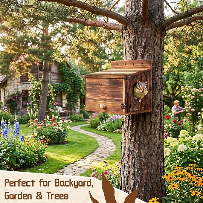 Chumia Squirrel Nesting Carbonized Wooden Squirrel House Outdoor Weather Natural Style Ventilation Easy to Clean Breed Living Shelter for Bird Small Animal