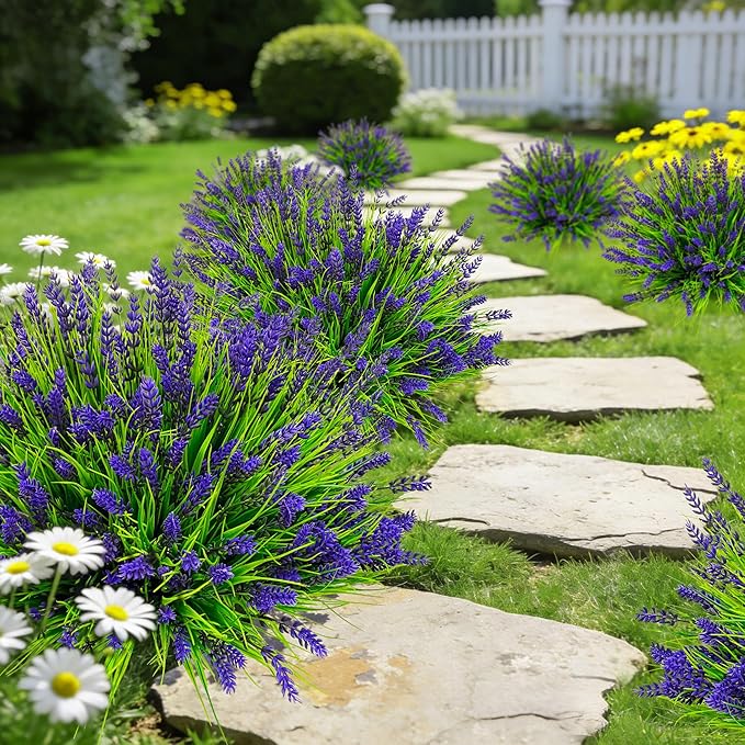 Roberly 24 Bundles Artificial Plants Outdoor, Fake Lavender Flowers UV Resistant Faux Shrubs Plastic Flowers Fake Greenery Plants for Porch Garden Window Box Home Indoor Outdoor Decorations, Purple