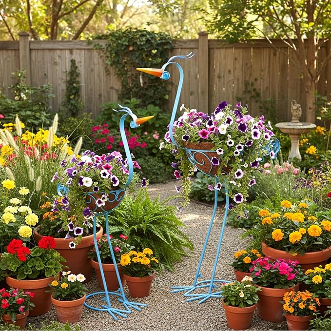 J-Fly 2 Sets Pelican Metal Flowers Plant Holders Stand with Coconut Pots, Plants Stand Indoor Flower Pots Outdoor, Room Home Living Room Front Outdoor Patio Decor, Gardening Valentine Decoration Gifts