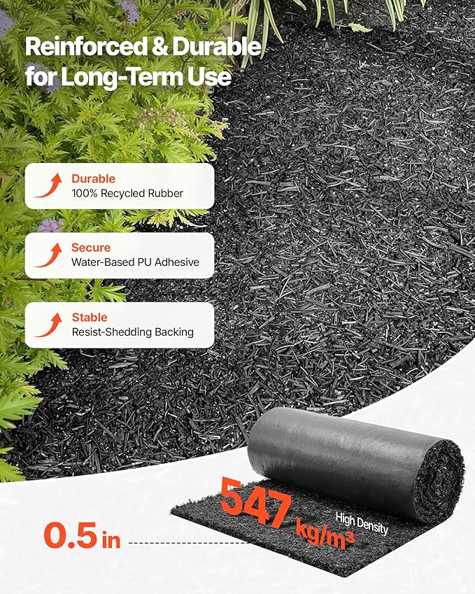VEVOR Rubber Mulch Mat Roll, 96 x 24 in Recycled Rubber Mulch Mat, 0.5 Thick Cuttable, Reduced Weed Growth, Natural-Looking Weed Barrier Mat, Permanent Walkway Pathway for Landscaping