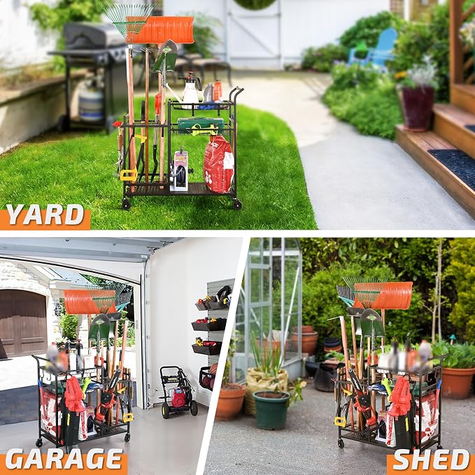 PLKOW Garden Tool Organizer with Wheels, Garden Tool Rack, Yard Tool Holder for Rakes, Shovel, Fertilizer, Garden Tool Storage for Garage, Shed, Outdoor