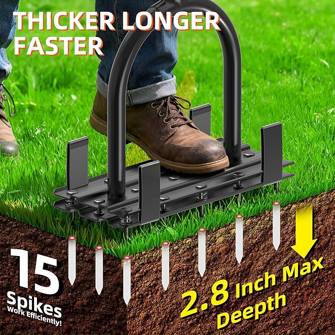 Aerator Lawn Tool - 2-in-1 Reinforced Heavy Duty Manual Lawn Aerator with 15 Spikes, Automatic Dirt and Leaf Clean Design, Adjustable T-Handle (Yellow)