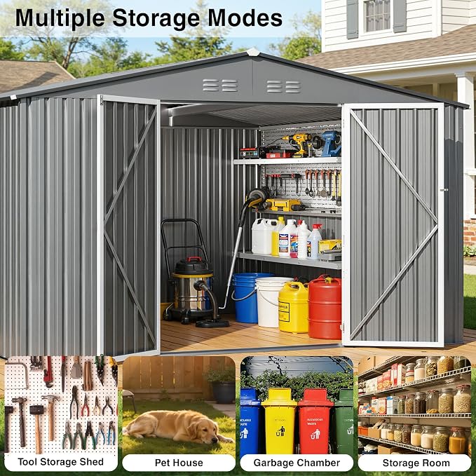 10 x 12FT Sheds & Outdoor Storage, Grey Metal Waterproof Storage Shed with Door and Lock Outdoor Shed,All-Weather Shelter for Bike, Gardening Tools, Lawn Mowers