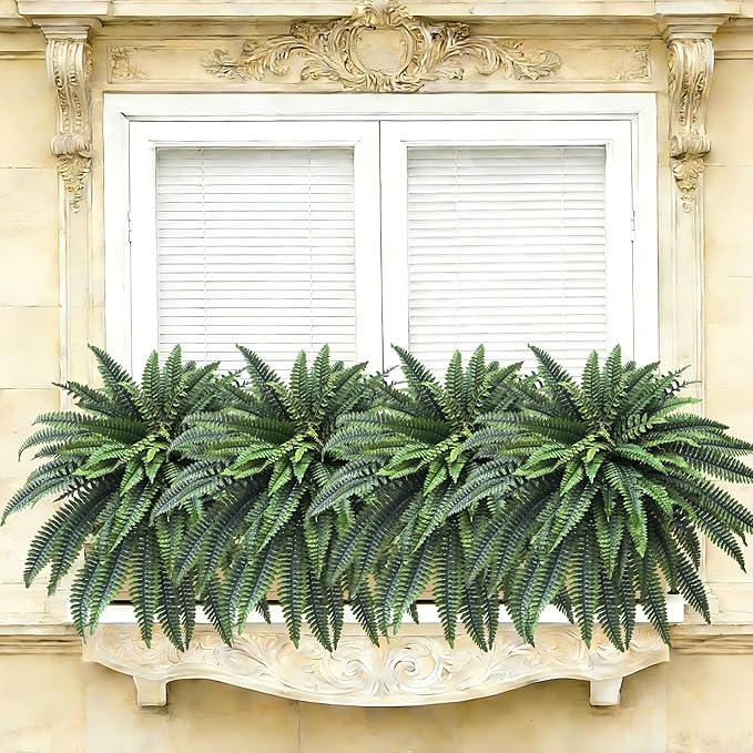 Senjie Artificial Boston Fern 2 Set 48Inch Large Fake Ferns for Outdoors Faux Plant with 55 Fronds for Home Living Room Office Decor
