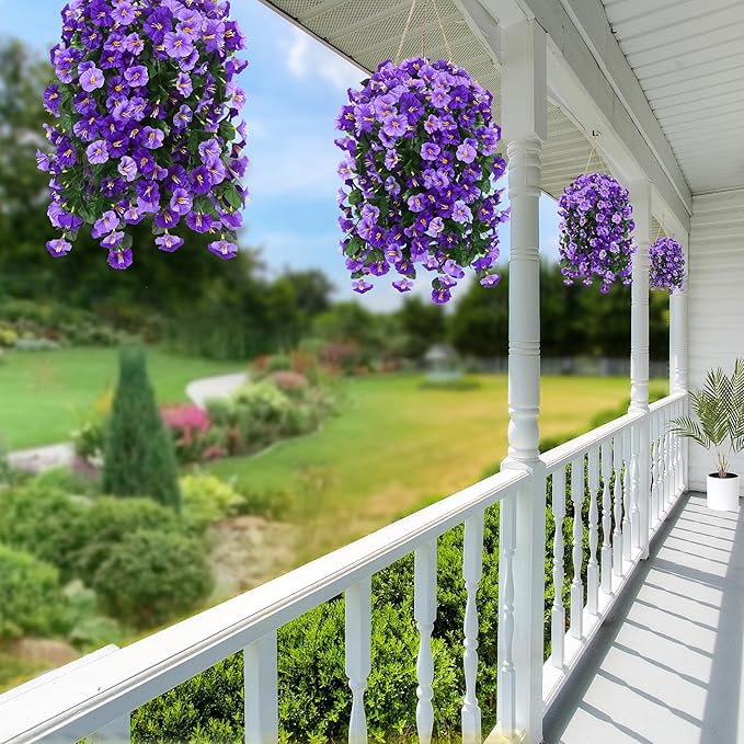 Sggvecsy Artificial Fake Hanging Flowers Plants Outdoor Outside Spring Summer Decoration 4PCS Faux Silk UV Resistant Morning Glory Trailing Vines for Home Porch Patio Balcony(Purple & Light Purple)