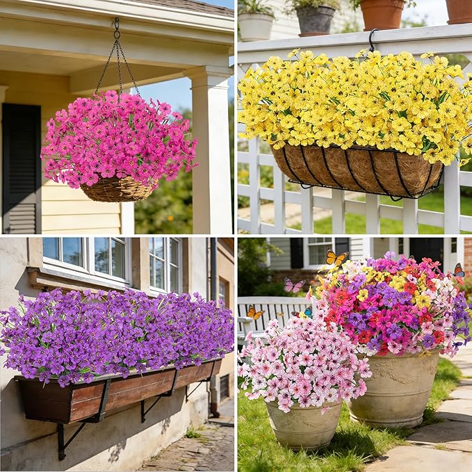 Roberly 24 Bundles Artificial Flowers for Outdoors UV Resistant Silk Fake Flowers Faux Plastic Plants for Porch Garden Window Box Indoor Outdoor Spring Summer Home Farmhouse Decor, Yellow