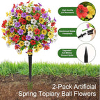 Alupssuc 2Pcs 20" Artificial Topiary Ball Flowers, Spring Outdoor Decoration with Spike, UV Resistant Faux Summer Plants, Faux Bushes Plants, Red Purple Yellow White for Garden, Porch & Patio Decor
