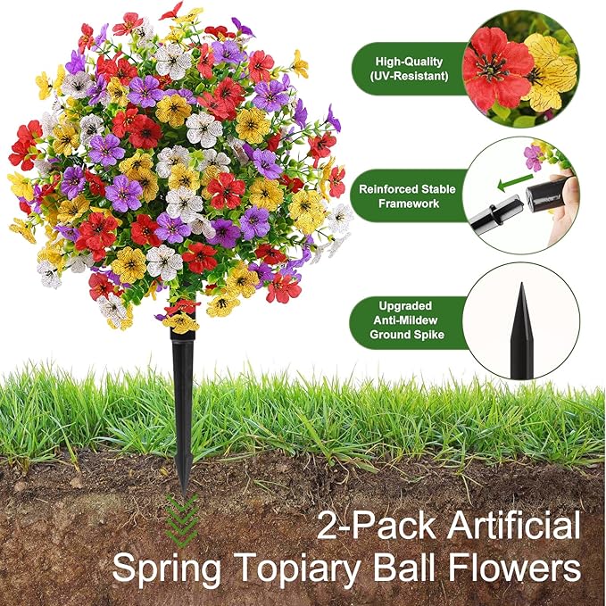 Alupssuc 2Pcs 20" Artificial Topiary Ball Flowers, Spring Outdoor Decoration with Spike, UV Resistant Faux Summer Plants, Faux Bushes Plants, Red Purple Yellow White for Garden, Porch & Patio Decor