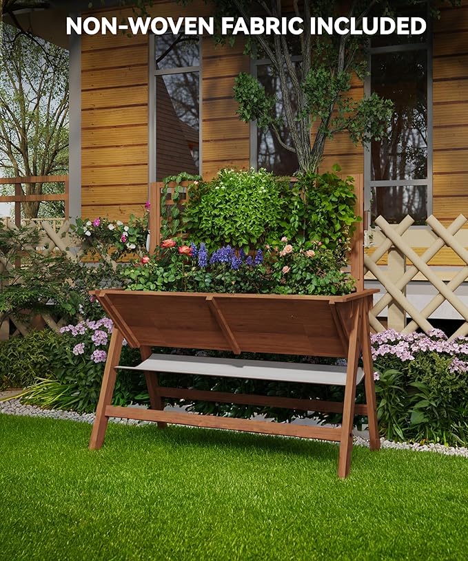 GarveeLife 52x30x54 Inch Tall Elevated Garden Bed with Legs, Standing Raised Planter Box with Climbing Trellis for Vegetables Flowers Herbs, Outdoor Wooden Standing Garden Bed-Brown