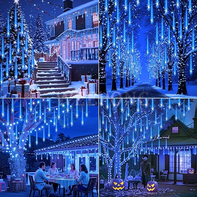 Weepong Christmas Lights Outdoor 32 Tubes 768 LEDs Meteor Shower Lights UL Certified Snow Falling Rain Drop Icicle String Light for Xmas Tree Halloween Decorations Wedding Party Garden Decor, Blue