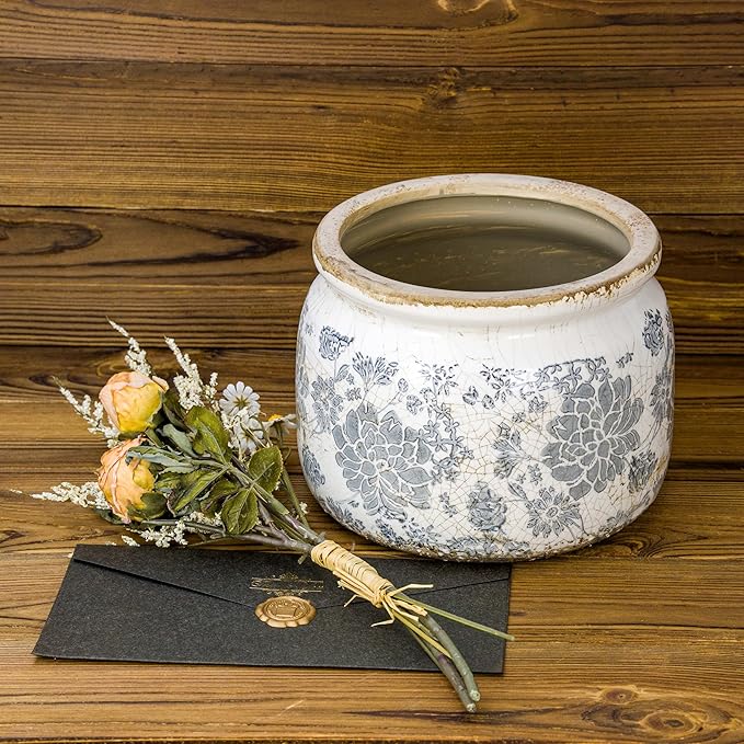Dosayes Large Ceramic Pot for Planters, Ice Crack Glazed Flower Pot with Drainage Holes,5.91inch Vintage Planters for Indoor and Outdoor (Gray)