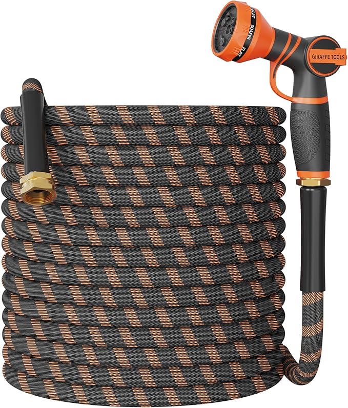 Giraffe Tools Non-Expandable Garden Hose 100FT 1/2” Lightweight Flexible Water Hoses Burst 600 psi with 9 Spray Function Nozzle Heavy Duty Hose