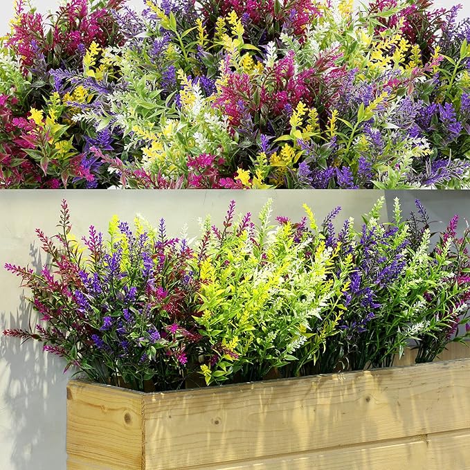 Xinnun 24 Bundles Flowers Outdoor Plants Fake Lavender Plant Artificial Greenery Decoration UV Resistant Plastic Faux Flowers for Home Garden Porch Courtyard Outdoor Indoor