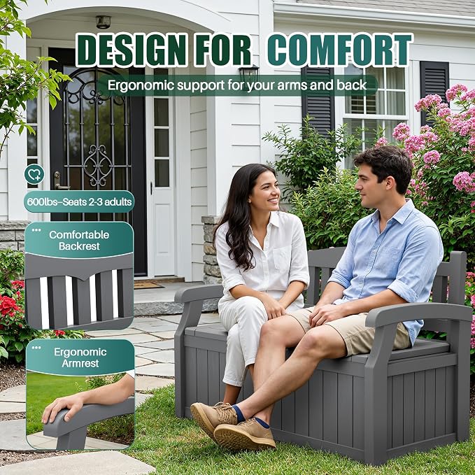 Devoko 80 Gallon Storage Bench Deck Box Lockable for Patio Furniture, Garden Decor and Outdoor Seating for Cushions, Garden Tools and Pool Supplies (Grey)