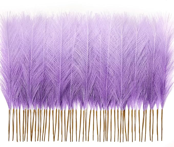 50 PCS Purple Pampas Grass, 17in Pampas Grass Decor, Artificial Pompas Wall Decor for Vase Room Bedroom Kitchen Table Wedding Party Birthday Baby Showers（Purple）