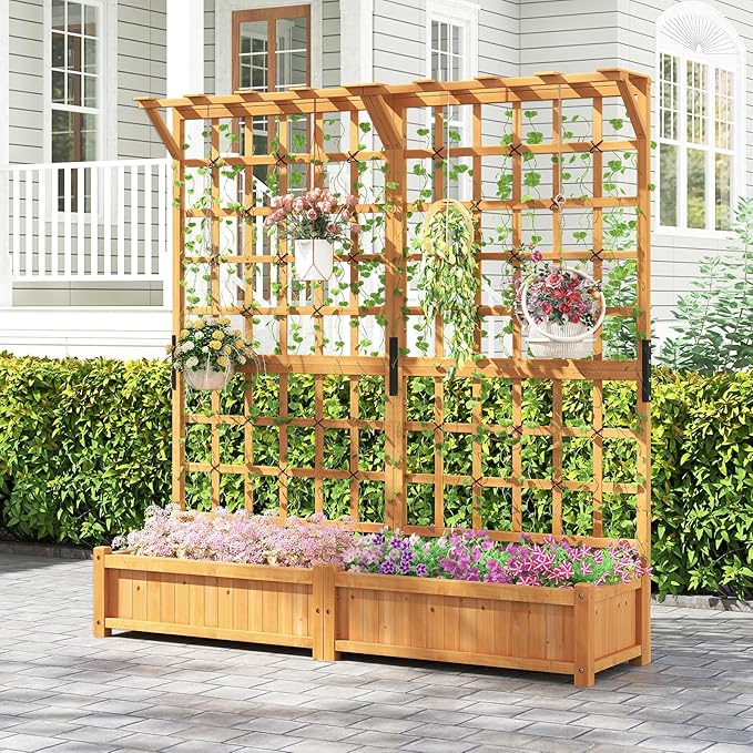 HAPPYGRILL 71" Raised Garden Bed with Trellis, Wood Planter Container w/2 Hanging Roof & Garden Boxes, 4 Drainage Holes, Outdoor Planter Box w/Removable Bottom Plate for Climbing Plants Flowers Vine