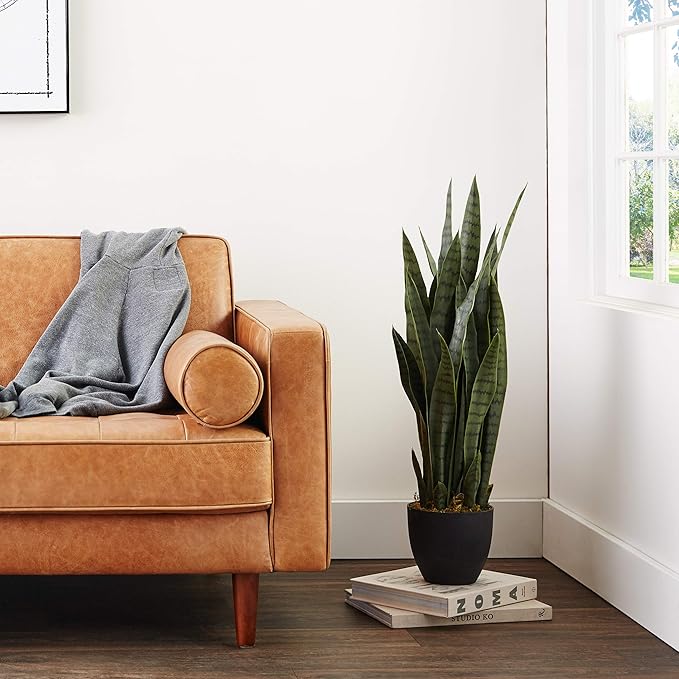 Nearly Natural 35in Artificial Snake Plant, Sansevieria Faux Greenery with Black Planter for Indoor Home Office Decor, Low Maintenance