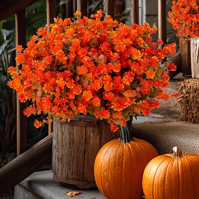 Artificial Fall Flowers Outdoor Fake Mums - 12 Bundles Fake Plants UV Resistant No Fade Faux Plastic Greenery Garden Porch Patio Fall Home Decor(OrangeGreen)
