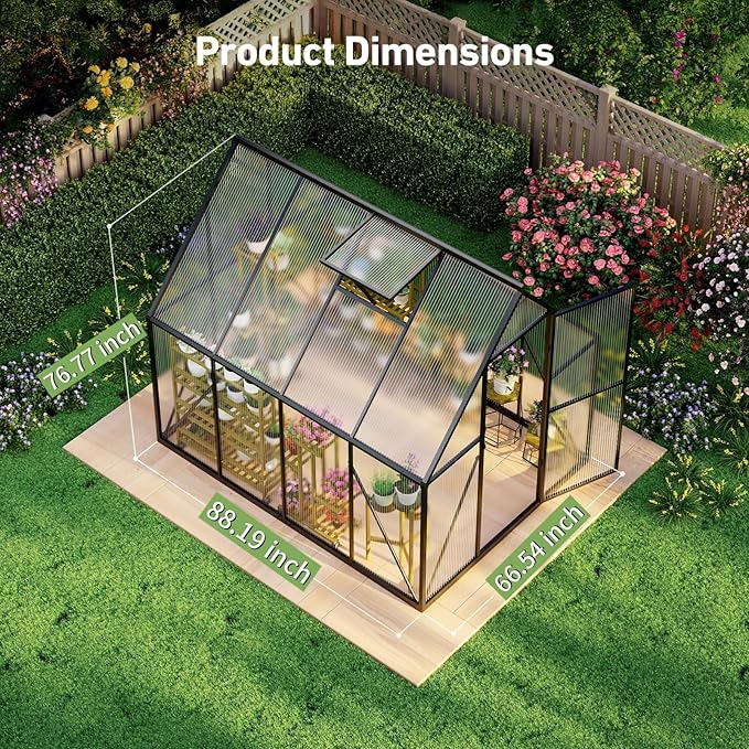 6x8 FT Garden Greenhouse with Hygrometer, Polycarbonate Greenhouse with Heavy Duty Aluminum Frame, Quick Setup Plant Gardening Green Houses for Outside with Lockable Door & Vented Roof Window