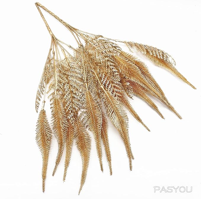 Artificial Golden Plants Decoration, Fake Plant Shrubs Plastic Grass Simulation Tail Leaves for Christmas Indoor Outdoor Hall Home Garden Planter Filler Party Verandah Wedding DIY Decor - Gold 2 Pack