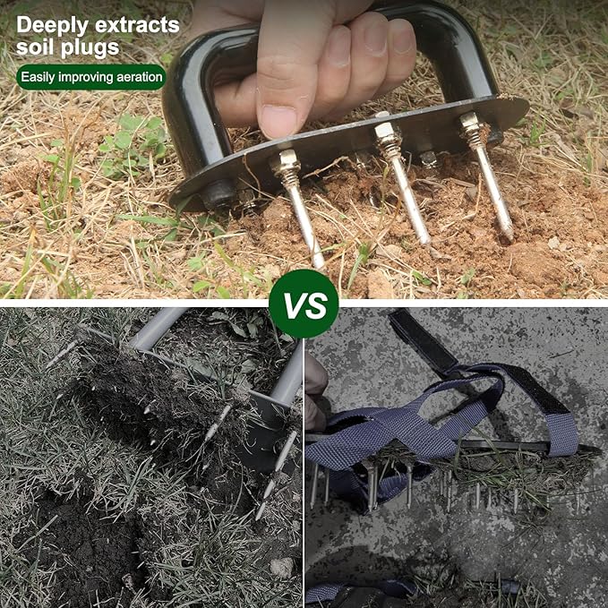 Hand Tiller Garden Tool Lawn Aerator Spike Manual Tool Portable Handheld Aerator Lawn Tool with 7-Iron Spikes, Pre-Aessmbled Small Grass Aerator Tool, Cultivator Tiller Soil Lossener