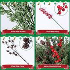 Faux Cedar Stems Artificial Norfolk Pine Branches for Christmas Decorations, 17 PCS Faux Pine Stems with Pinecones Red Berries Branches Realistic Faux Greenery for Vases DIY Garland Xmas Table Indoor