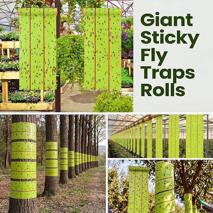 Qualirey Giant Sticky Fly Traps, Fly Strips for Indoor Outdoor Hanging Flying Tapes Non Toxic Ribbon Fruit Gnat Killer for Mosquito Plants House Horse Stable(147.65ft,Fluorescent Green,5 Pcs)